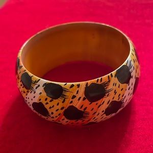 Thick Chunky Animal Print Statement Bangle Bracelet Black/Orange/Beige-2 3/4”